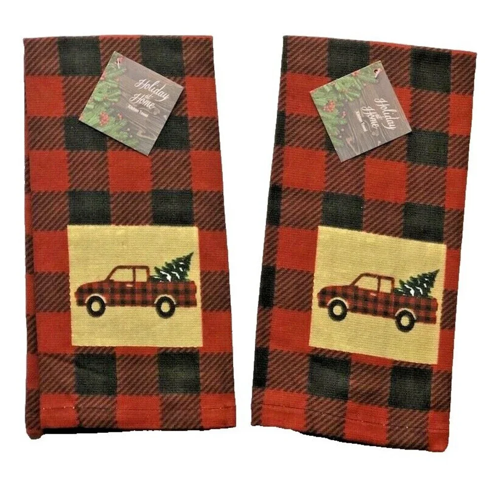 Christmas Red Farm Truck Kitchen Dish Towels Buffalo Check Cabin Lodge Set of 2